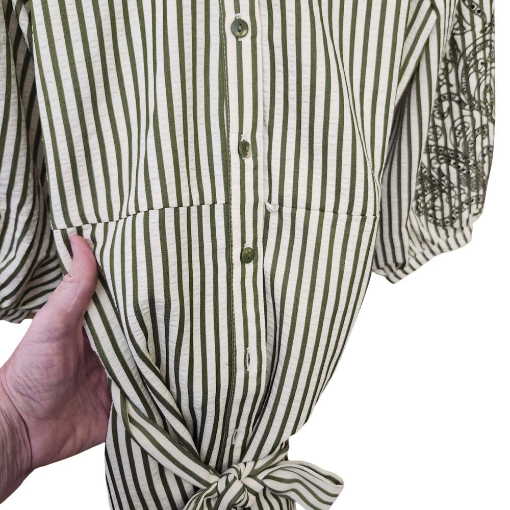 Figueroa & Flower Peasant M Cottagecore green stripe embroidered sleeves dress - Picture 3 of 10